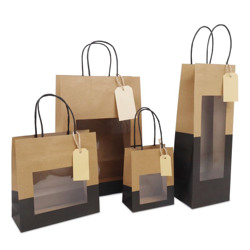 Twisted paper gift bags with window and hang tag